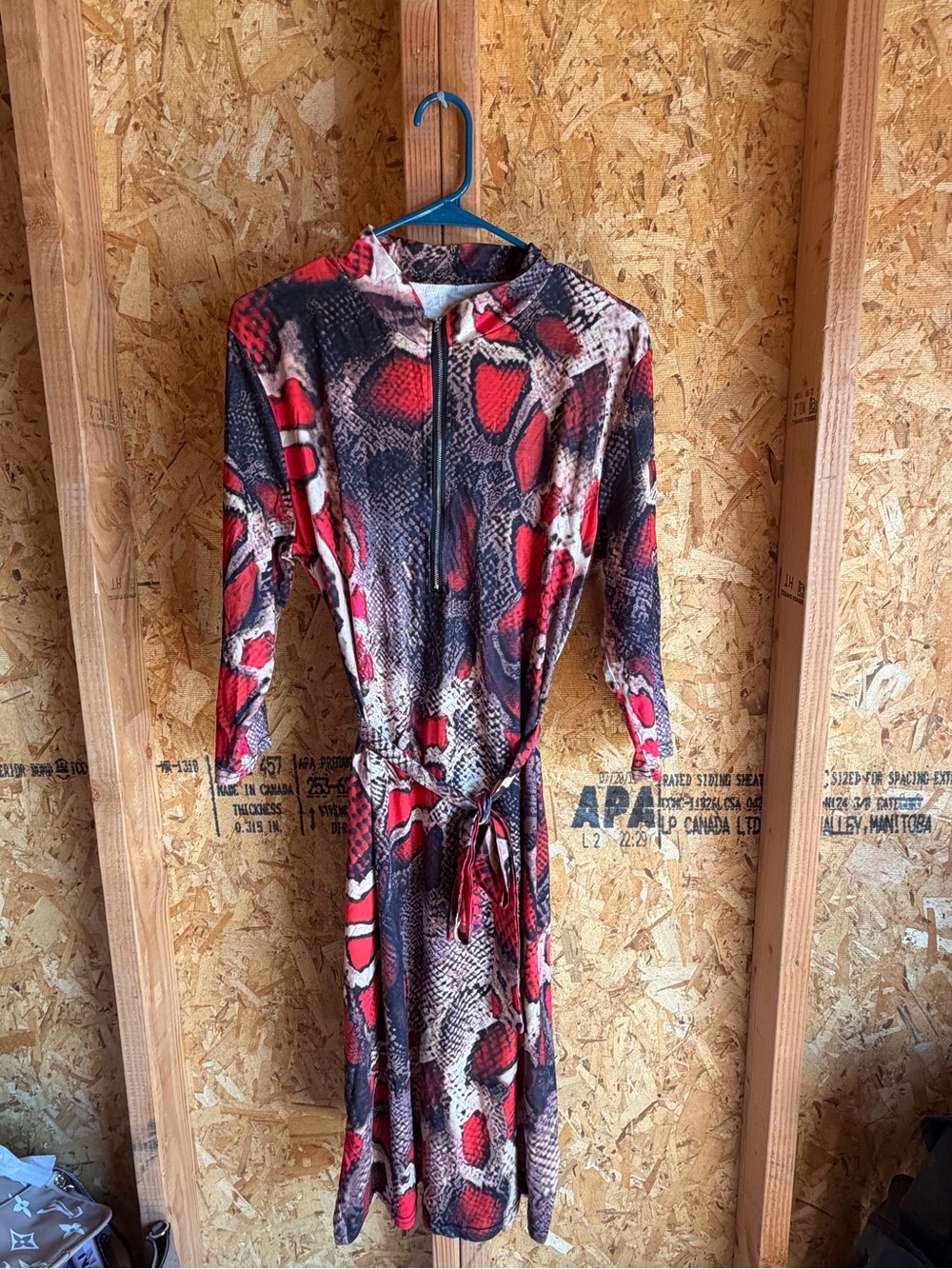 Long Sleeve Red Snake-Print Midi Dress